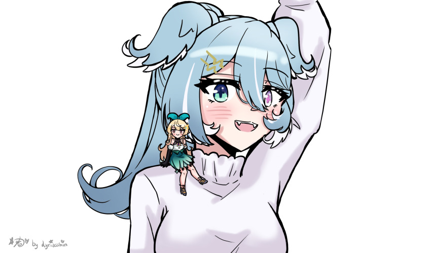 2girls, aqua_bow, blue_hair, bow, cross-shaped_pupils, detached_sleeves, dress, elira_pendora, elira_pendora_(3rd_costume), fangs, green_dress, hair_ornament, hairclip, head_wings, heterochromia, highres, long_sleeves, lyriasshin, mini_person, minigirl, multiple_girls, nijisanji, nijisanji_en, open_mouth, pomu_rainpuff, pomu_rainpuff_(1st_costume), shirt, signature, simple_background, sitting, sitting_on_person, size_difference, smile, symbol-shaped_pupils, upper_body, virtual_youtuber, white_background, white_shirt, wings