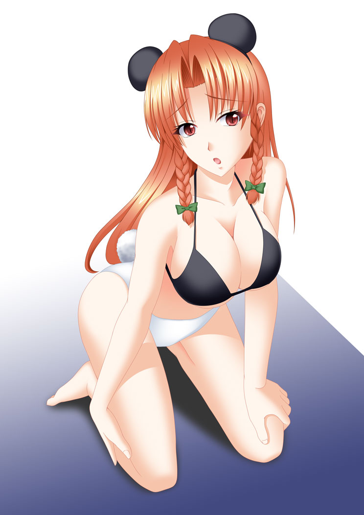 1girl, animal_ears, bad_id, bad_pixiv_id, bikini, black_bikini, blue_eyes, braid