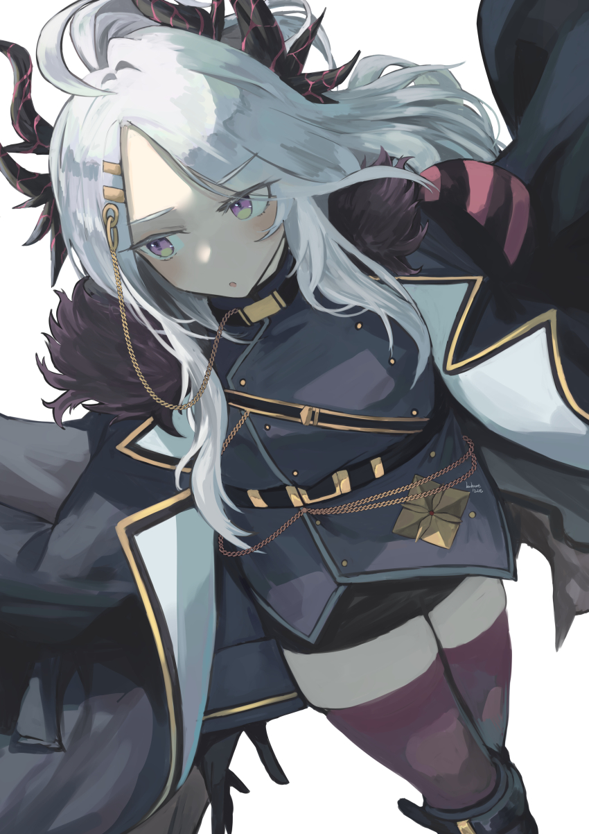 1girl, absurdres, ahoge, black_coat, black_dress, black_gloves, black_skirt, blue_archive