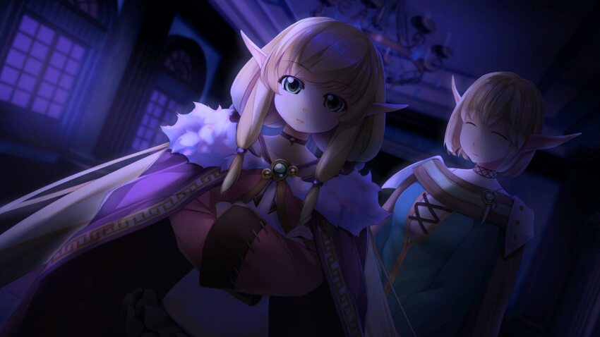 2girls, atelier-moo, blonde_hair, cloak, closed_mouth, collar, elf, gem