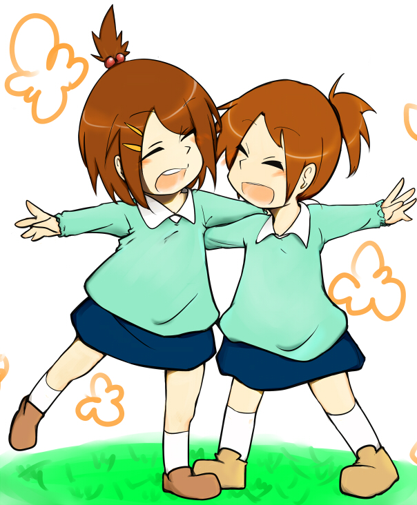 2girls, bad_id, bad_pixiv_id, brown_hair, closed_eyes, fujiaki_subaru, hair_bobbles, hair_ornament