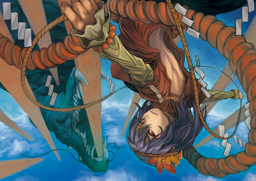 1girl, absurdres, female_focus, gozz, highres, onbashira, purple_hair, red_eyes