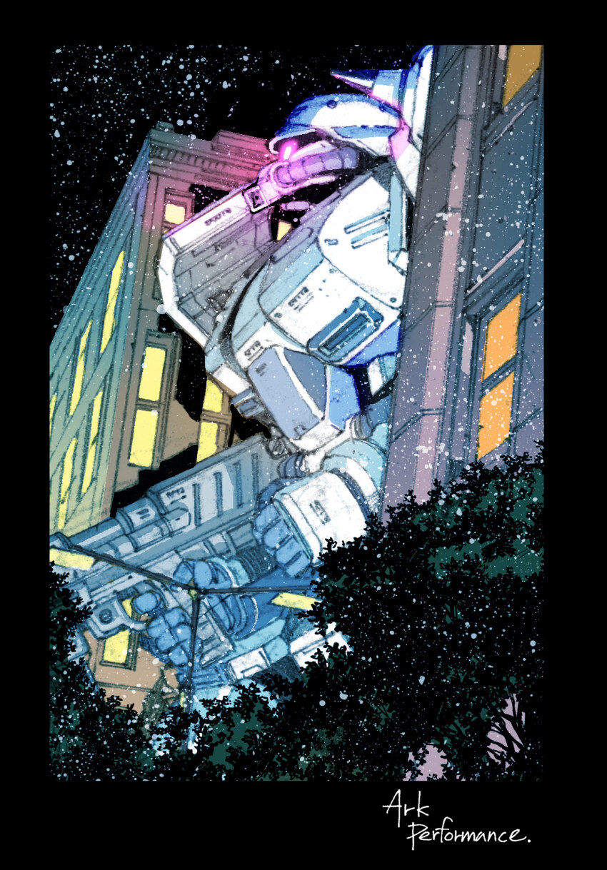 ark_performance, artist_name, city, gun, gundam, gundam_the_plot_to_assassinate_gihren, highres, mecha