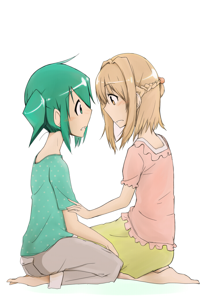 2girls, bad_id, bad_pixiv_id, blonde_hair, brown_eyes, eye_contact, fujiaki_subaru, green_hair, hidamari_sketch, looking_at_another, multiple_girls, nazuna_(hidamari_sketch), nori_(hidamari_sketch), open_mouth, short_twintails, simple_background, sitting, twintails, wariza