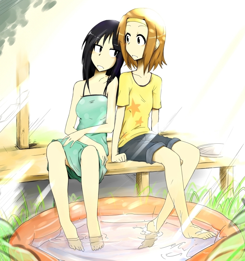 2girls, akiyama_mio, bad_id, bad_pixiv_id, barefoot, feet, fujiaki_subaru, highres, k-on!, multiple_girls, soaking_feet, tainaka_ritsu, water