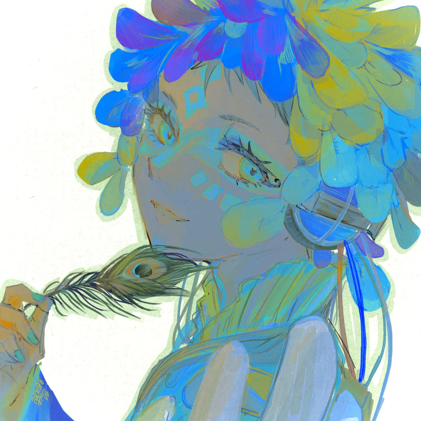 1other, androgynous, black_hair, blue_eyes, blue_hair, dress, facepaint, facial_mark