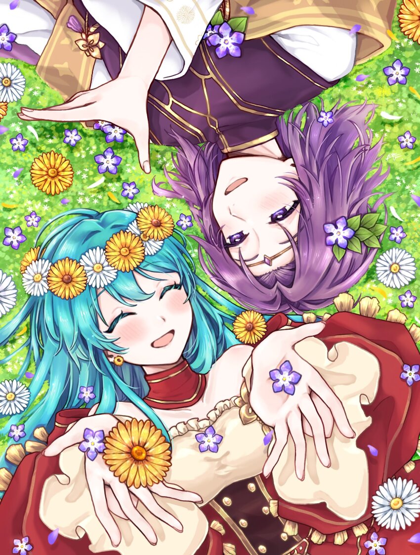 1boy, 1girl, aqua_hair, bare_shoulders, circlet, closed_eyes, dress, earrings