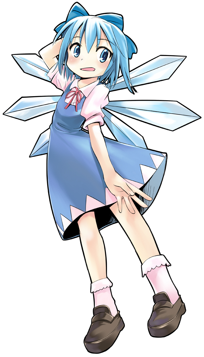 1girl, arm_behind_head, blue_eyes, blue_hair, blush, bobby_socks, cirno, female_focus
