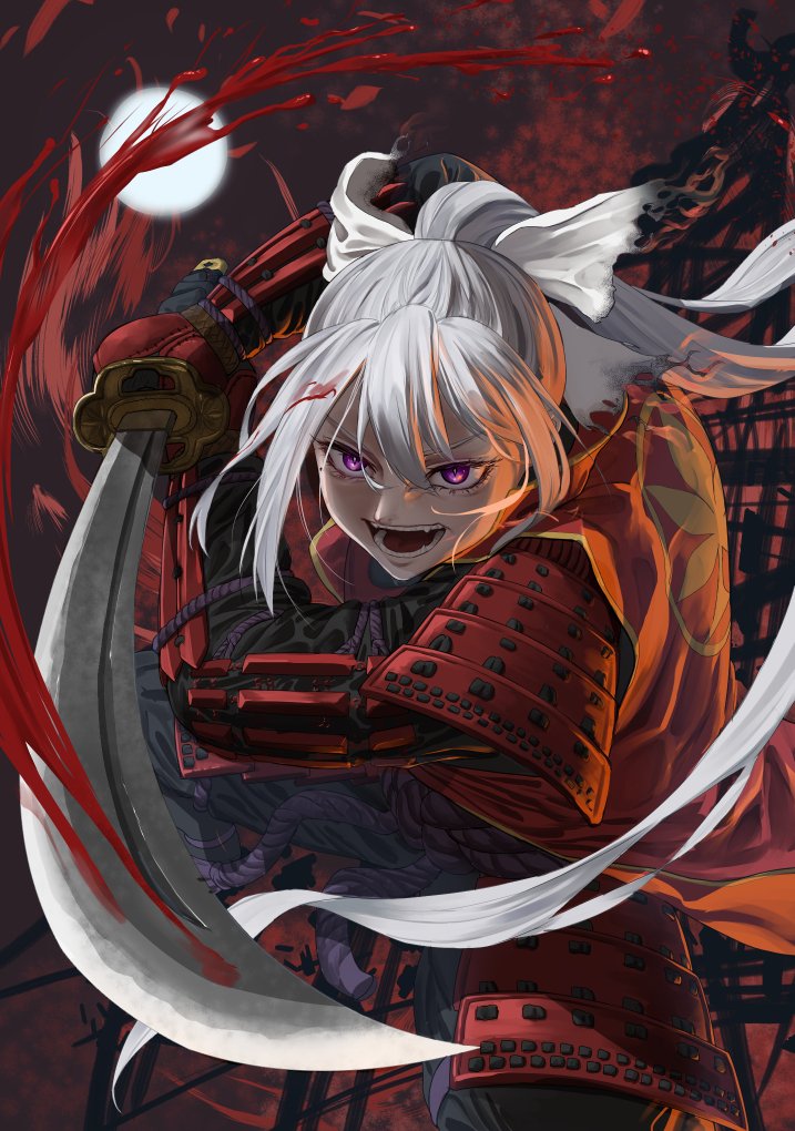 1girl, armor, blood, blood_splatter, fangs, full_moon, hair_ribbon, higuchi_kaede