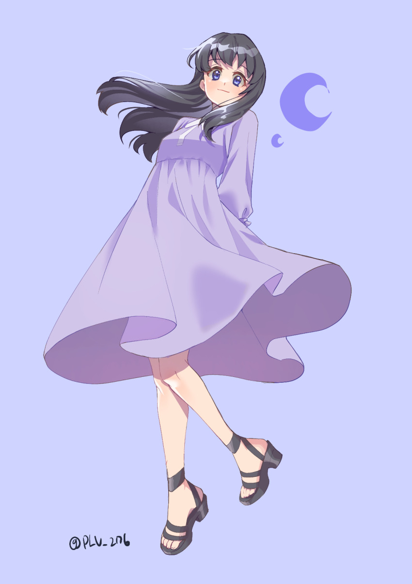 1girl, arms_behind_back, black_hair, black_sandals, closed_mouth, crescent, dot_nose, dress
