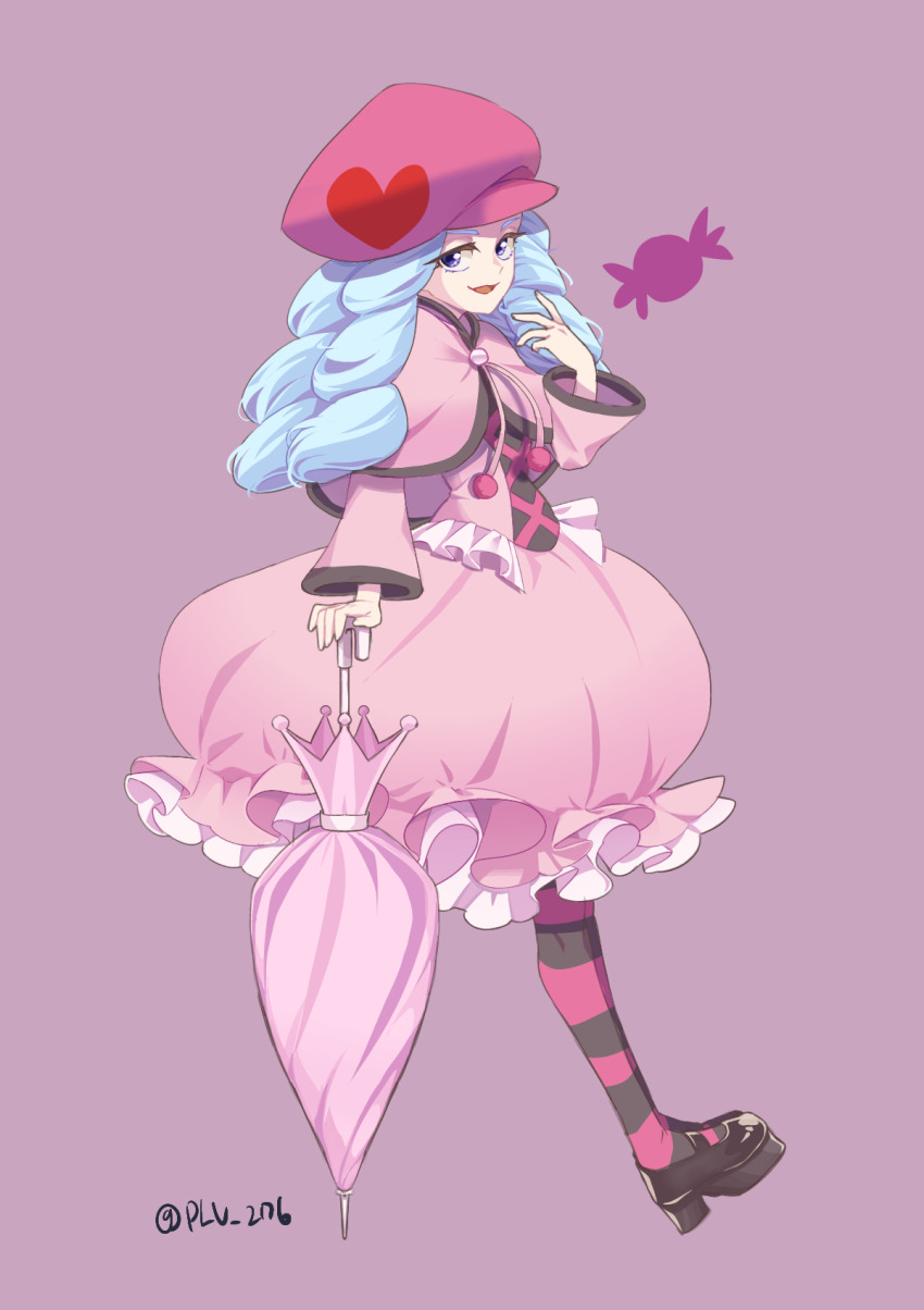 1girl, :d, beret, black_shoes, blue_eyes, blue_hair, bubble_skirt, capelet