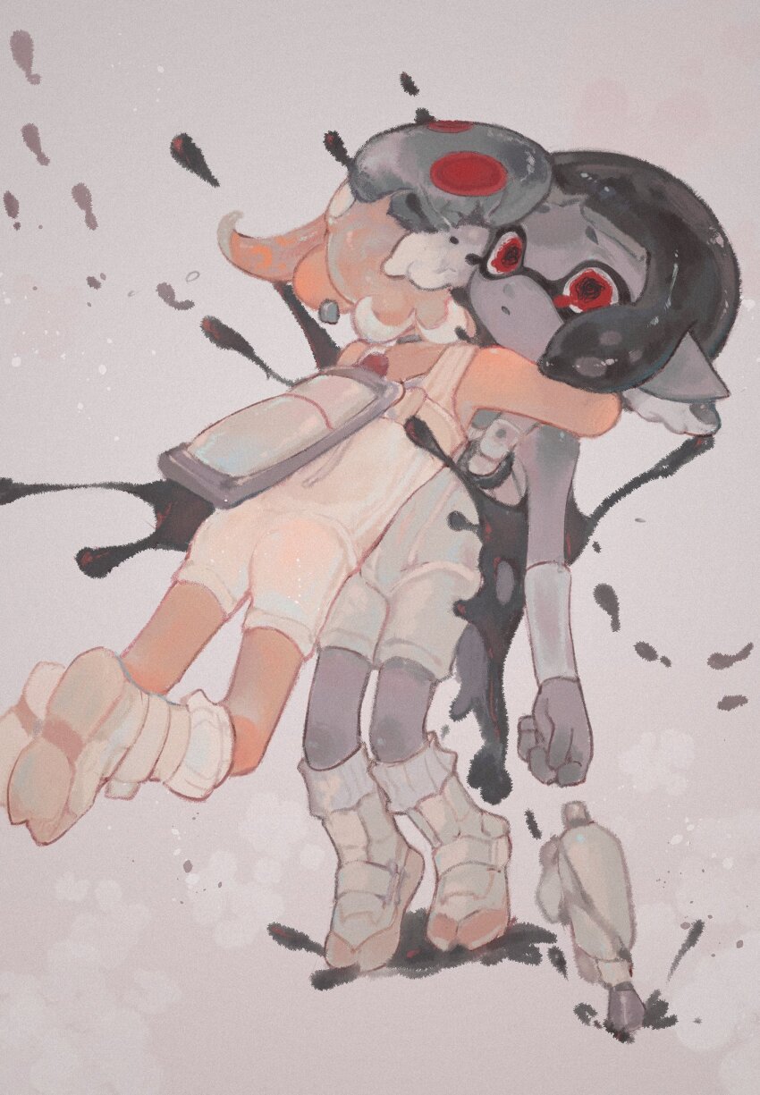 2girls, agent_4_(splatoon), agent_8_(splatoon), black_hair, bodysuit, brown_hair, colored_skin, commentary_request