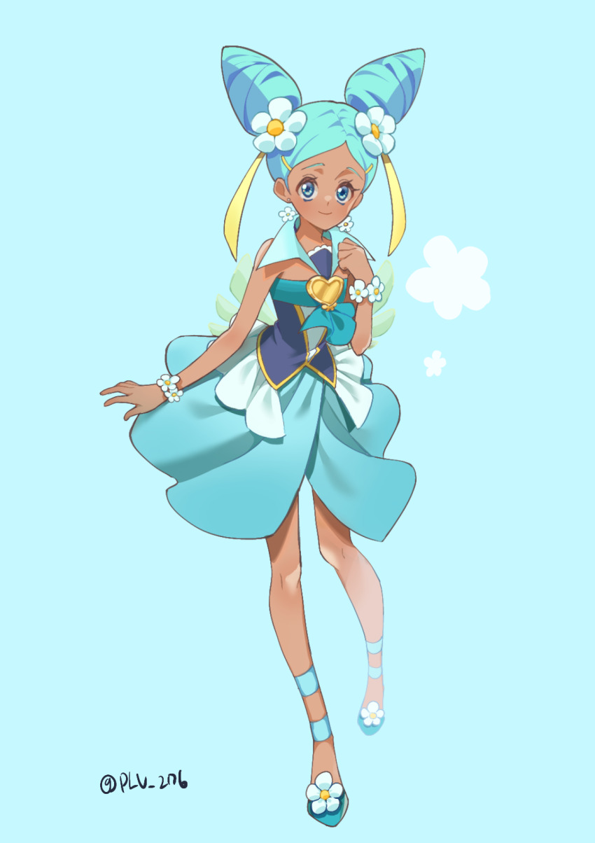 1girl, black_vest, blue_background, blue_eyes, blue_hair, blue_sandals, blue_skirt, blue_theme, bracelet, brooch, closed_mouth, cone_hair_bun, cure_wave, dark-skinned_female, dark_skin, dot_nose, double_bun, earrings, flower, flower_bracelet, flower_earrings, footwear_flower, full_body, green_wings, hair_bun, hair_flower, hair_ornament, hair_ribbon, hairclip, happinesscharge_precure!, heart, heart_brooch, highres, international_precure, jewelry, legs_apart, looking_at_viewer, magical_girl, orina_(happinesscharge_precure!), plv_276, popped_collar, precure, ribbon, sandals, short_hair, simple_background, skirt, smile, solo, standing, twitter_username, vest, wings, yellow_ribbon