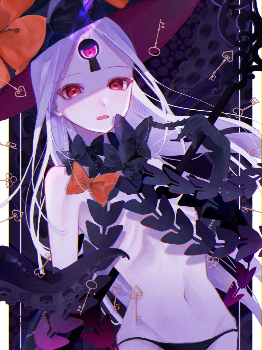 1girl, abigail_williams_(fate), abigail_williams_(third_ascension)_(fate), absurdres, bare_shoulders, black_bow, black_hat, black_panties, bow, breasts, colored_skin, fate/grand_order, fate_(series), forehead, hair_bow, hat, highres, key, keyhole, long_hair, looking_at_viewer, navel, open_mouth, orange_bow, panties, parted_bangs, polka_dot, polka_dot_bow, red_eyes, small_breasts, smile, solo, staff, tentacles, thighs, third_eye, underwear, white_hair, white_skin, witch_hat, xiao_yue_(3332ki)