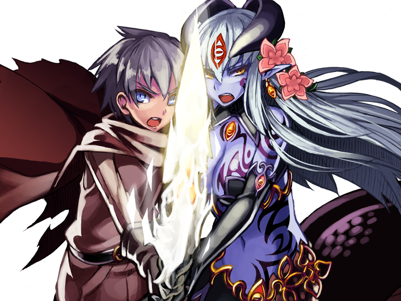 1boy, 1girl, alipheese_fateburn_xvi, angel_halo_(mon-musu_quest!), armored_skirt, belt, black_belt, black_gloves, black_shirt, black_skirt, blue_eyes, bmp-to-png_conversion, breast_tattoo, breasts, brown_gloves, brown_tunic, cape, cleavage, cleavage_cutout, clothing_cutout, colored_skin, elbow_gloves, eye_tattoo, facial_tattoo, flower, game_cg, gloves, glowing, glowing_sword, glowing_weapon, hair_between_eyes, hair_flower, hair_ornament, hair_tattoo, halter_shirt, halterneck, holding, holding_hands, holding_sword, holding_together, holding_weapon, horns, kenkou_cross, lamia, large_breasts, long_hair, long_sleeves, looking_at_viewer, luka_(mon-musu_quest!), mon-musu_quest!, monster_girl, navel, non-web_source, open_mouth, pointy_ears, purple_hair, purple_skin, red_cape, scales, shared_weapon, sharing, shirt, short_hair, side-by-side, simple_background, skirt, spoilers, stomach_tattoo, sword, tattoo, teeth, torn_cape, torn_clothes, transparent_background, tunic, upper_body, upper_teeth_only, v-shaped_eyebrows, very_long_hair, weapon, white_hair, white_shirt, yellow_eyes