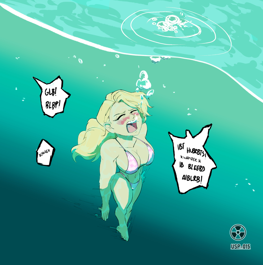 1girl, absurdres, air_bubble, barefoot, bikini, blonde_hair, blowing_bubbles, breasts, bubble, character_request, cleavage, closed_eyes, copyright_request, drtoxic, highres, large_breasts, navel, open_mouth, screaming, speech_bubble, submerged, swimming, swimsuit, underwater, upper_body