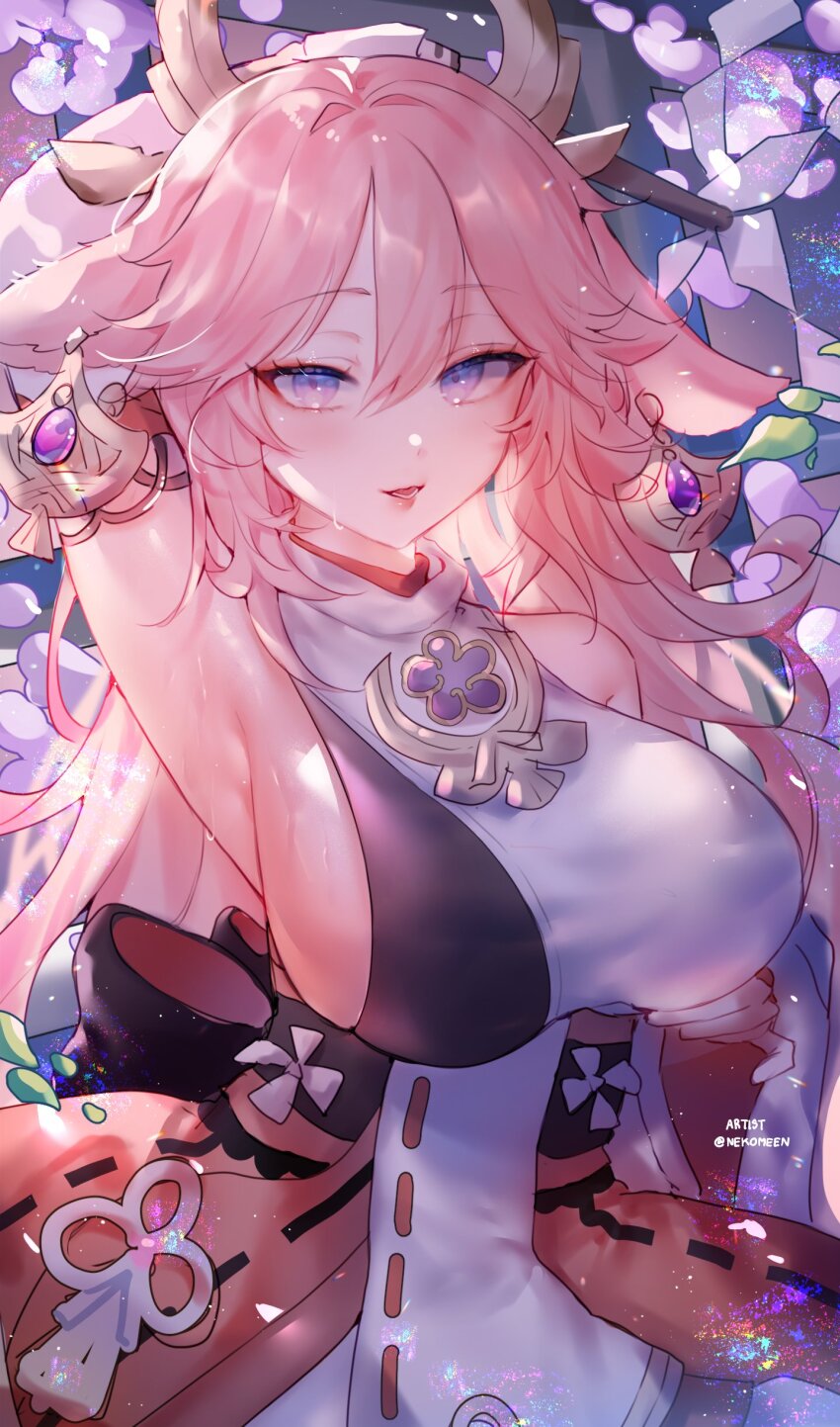 1girl, absurdres, animal_ears, armpits, breasts, cherry_blossoms, detached_sleeves, earrings, eyeshadow, fox_ears, genshin_impact, highres, holster, jewelry, large_breasts, light_particles, looking_at_viewer, makeup, multiple_earrings, nekomeen, nontraditional_miko, pink_hair, presenting_armpit, purple_eyes, red_eyeshadow, sideboob, sleeveless, sweat, twitter_username, upper_body, yae_miko