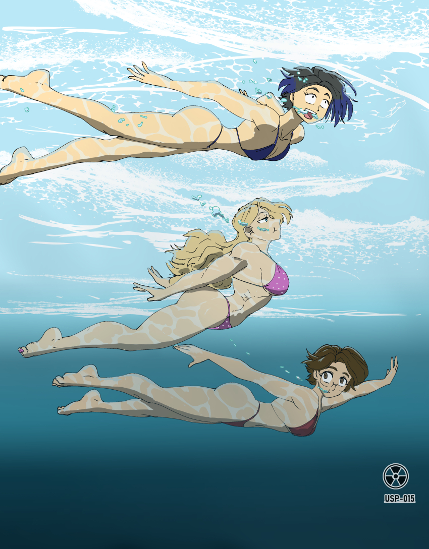 3girls, absurdres, air_bubble, aqua_eyes, bikini, black_eyes, black_hair, blonde_hair