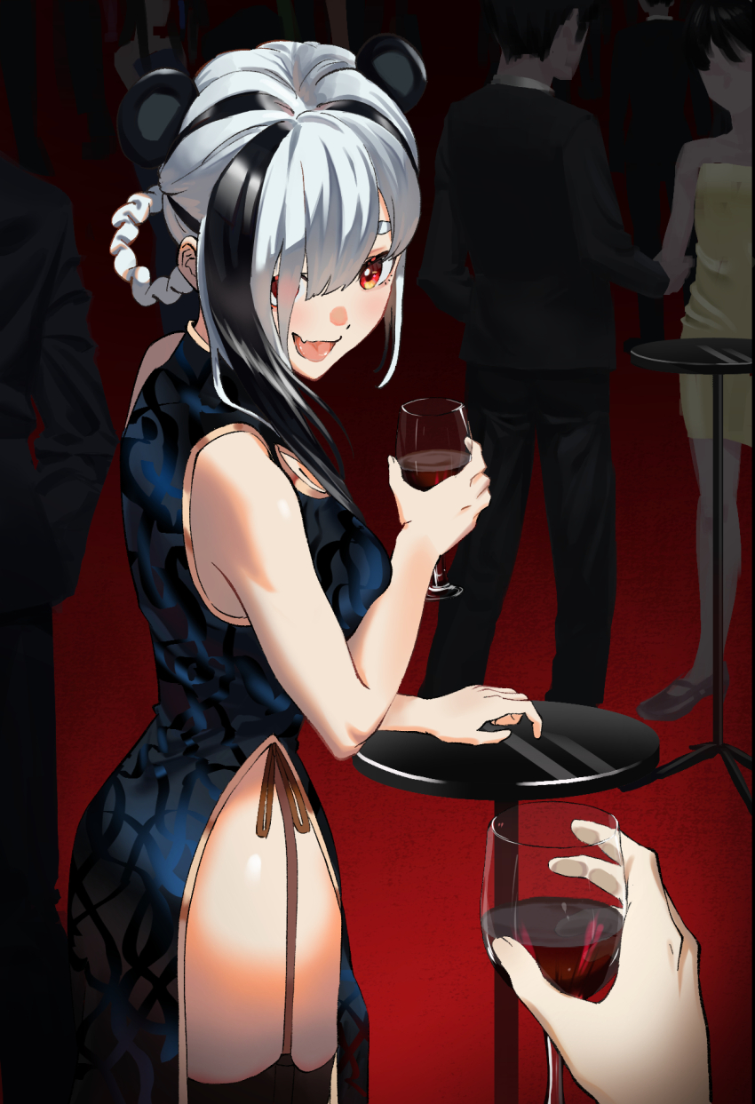 2girls, alcohol, animal_ears, arknights, ass, bare_shoulders, black_dress, breasts