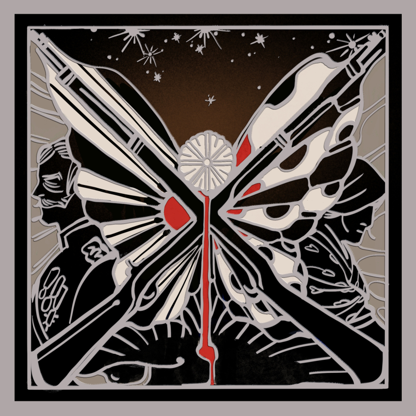 1boy, arisaka, black_background, blood, bolt_action, border, bug, butterfly