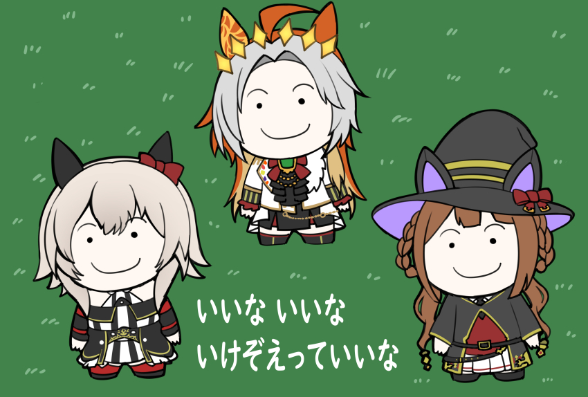 3girls, absurdres, ahoge, animal_ears, aramori_susumu, black_headwear, black_robe, bow