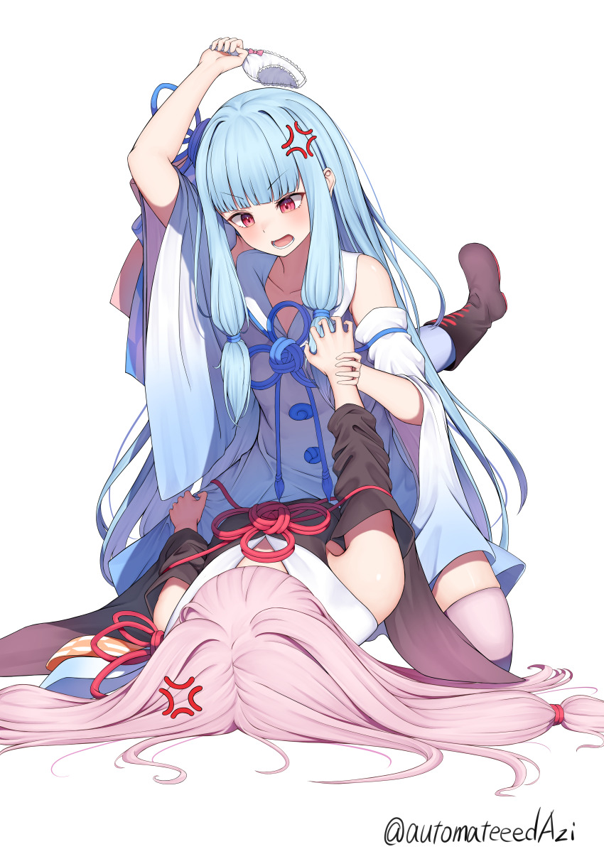 2girls, absurdres, anger_vein, arm_up, bare_shoulders, black_dress, black_footwear, black_sleeves