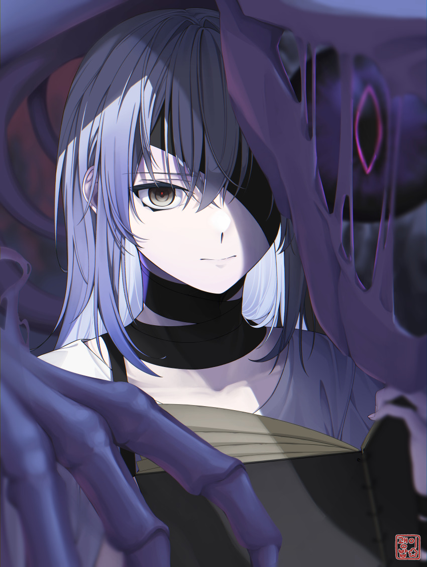1girl, absurdres, book, closed_mouth, expressionless, eyepatch, grey_eyes, grey_hair, gwaeng-i-bap_(oxalis_2ho), hair_between_eyes, hand_up, hecate_(path_to_nowhere), highres, holding, holding_book, long_hair, monster, nightmare_(path_to_nowhere), one_eye_covered, path_to_nowhere, portrait, purple_hair, red_pupils, shirt, signature, turtleneck, white_shirt
