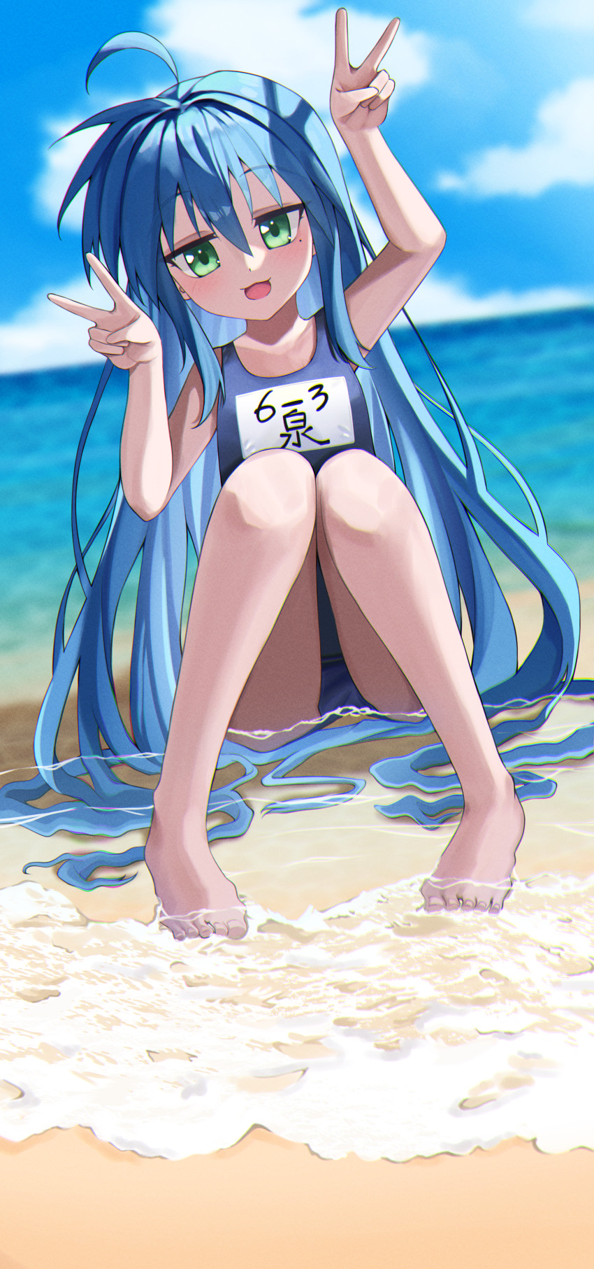 1girl, absurdres, ahoge, arms_up, barefoot, beach, blue_hair, blue_one-piece_swimsuit, cloud, collarbone, day, dot_nose, double_v, feet, female_focus, full_body, green_eyes, highres, izumi_konata, legs, long_hair, looking_at_viewer, lucky_star, mole, mole_under_eye, name_tag, no_shoes, no_socks, one-piece_swimsuit, open_mouth, outdoors, sand, school_swimsuit, sitting, sky, solo, swimsuit, v, very_long_hair, water, yaki_tai