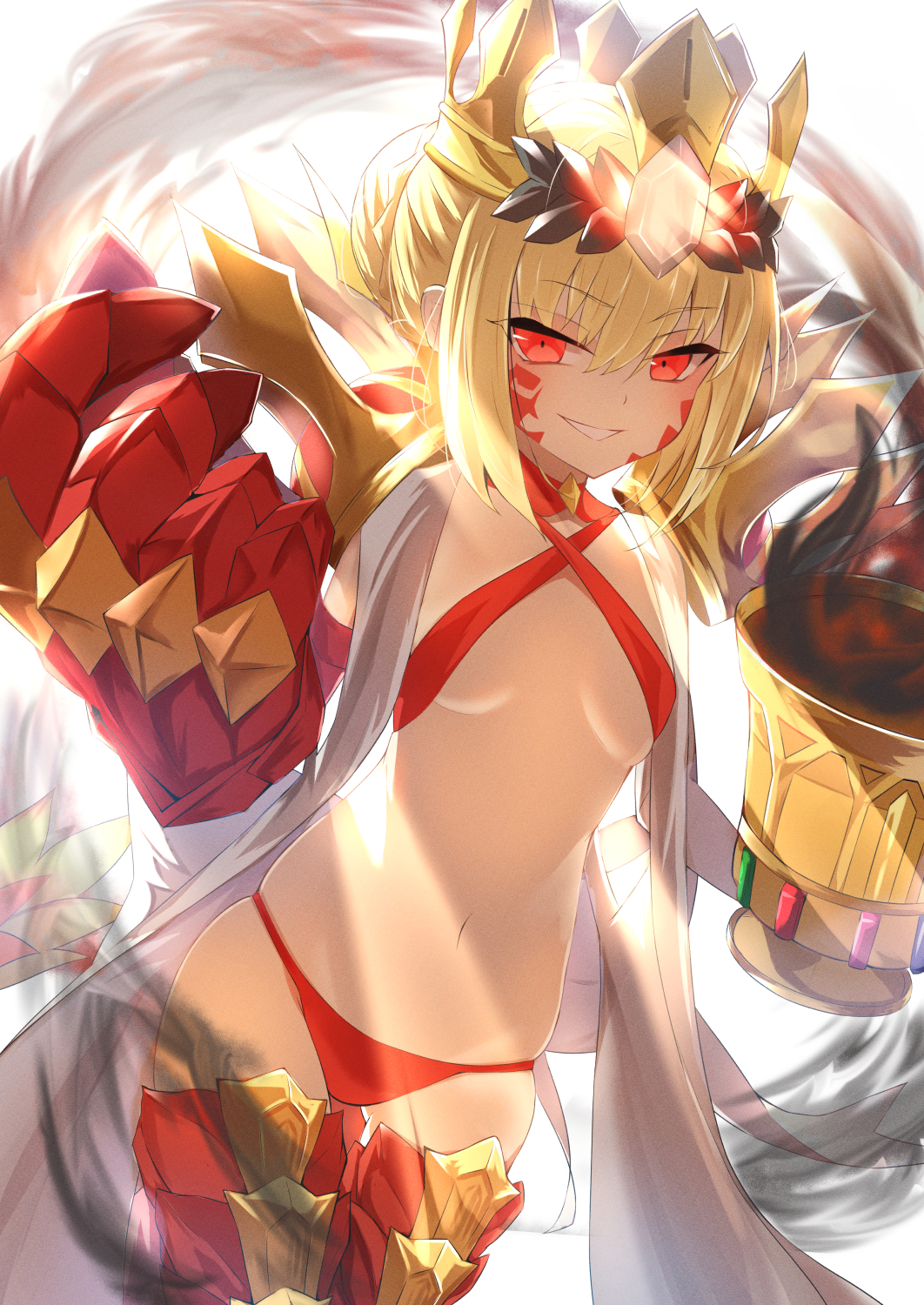 1girl, ahoge, backlighting, bikini, blonde_hair, braid, breasts, bun_with_braided_base, chalice, criss-cross_halter, crown, cup, dragon_claw, dragon_tail, elbow_gloves, facial_mark, fate/grand_order, fate_(series), gloves, gold_crown, grin, hair_bun, hair_intakes, hair_ribbon, halterneck, highres, jitome, light_rays, long_hair, looking_at_viewer, navel, nero_claudius_(fate), open_clothes, pointy_ears, queen_draco_(fate), queen_draco_(second_ascension)_(fate), red_bikini, red_eyes, red_ribbon, ribbon, robe, single_glove, small_breasts, smile, solo, swimsuit, tail, umi_endu, white_gloves, white_robe