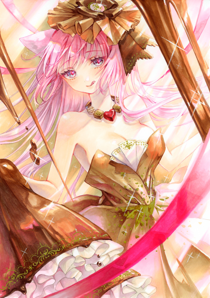 1girl, :p, absurdres, animal_ears, bare_arms, bare_shoulders, blue_eyes, bow