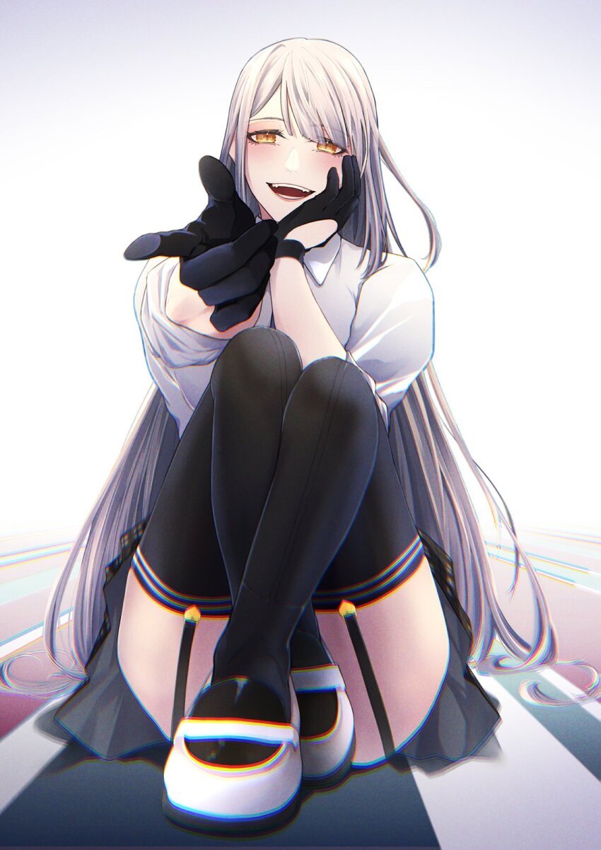 1girl, black_gloves, garter_straps, gloves, grey_hair, heart, highres, long_hair, looking_at_viewer, miniskirt, oekakissaerizoh, open_mouth, sitting, skirt, solo, teeth, thighhighs, virtual_youtuber, vshojo, yellow_eyes, zentreya, zentreya_(cyborg)