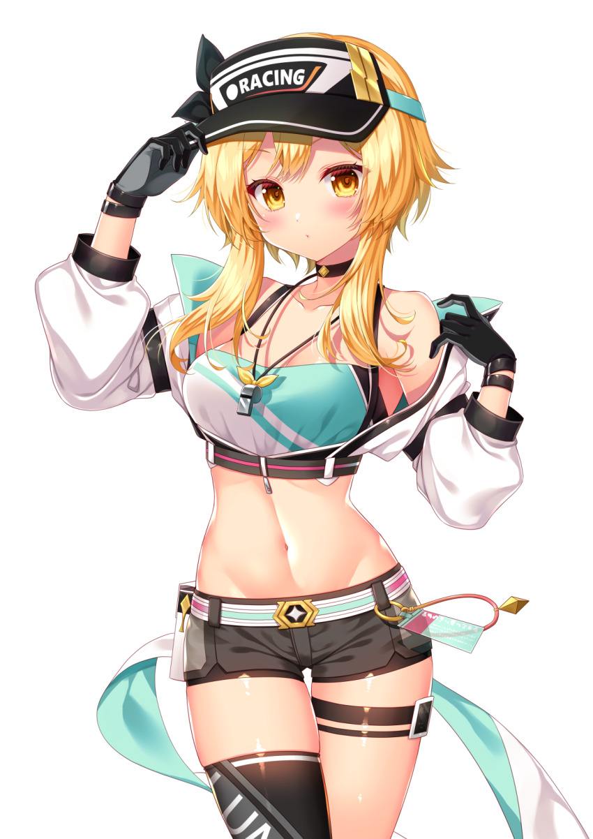 1girl, bare_shoulders, black_choker, black_gloves, black_shorts, black_thighhighs, blonde_hair, blush, breasts, camisole, choker, commentary_request, cowboy_shot, crop_top, cropped_jacket, genshin_impact, gloves, hands_up, highres, jacket, long_hair, looking_at_viewer, lumine_(genshin_impact), lumine_(teyvat_turboflux)_(genshin_impact), midriff, minatsuki_alumi, navel, off_shoulder, short_shorts, shorts, simple_background, single_thighhigh, small_breasts, solo, spaghetti_strap, standing, stomach, thigh_strap, thighhighs, thighs, visor_cap, whistle, whistle_around_neck, white_background, white_jacket, yellow_eyes