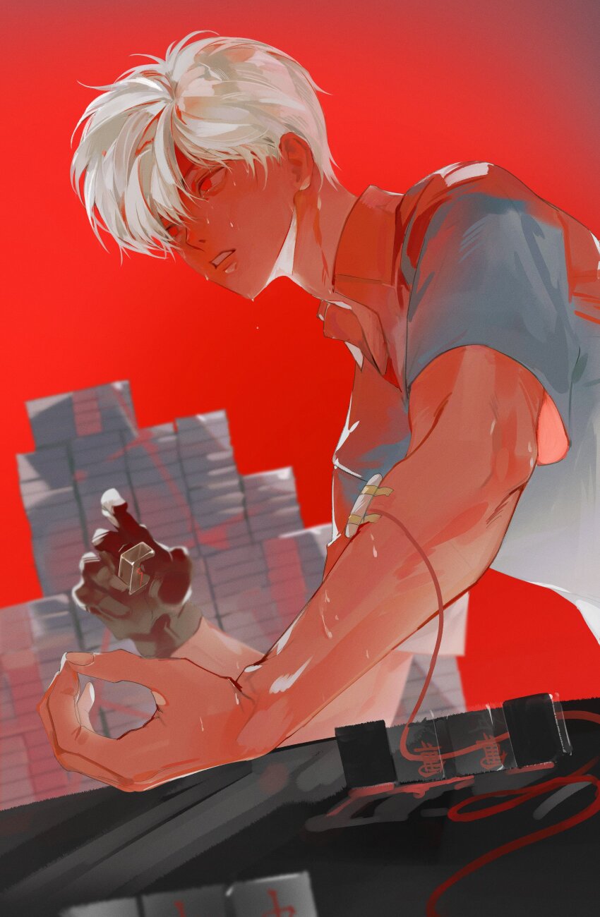 1boy, absurdres, akagi:_yami_ni_oritatta_tensai, akagi_shigeru, banknote, black_gloves, clenched_teeth, commentary_request