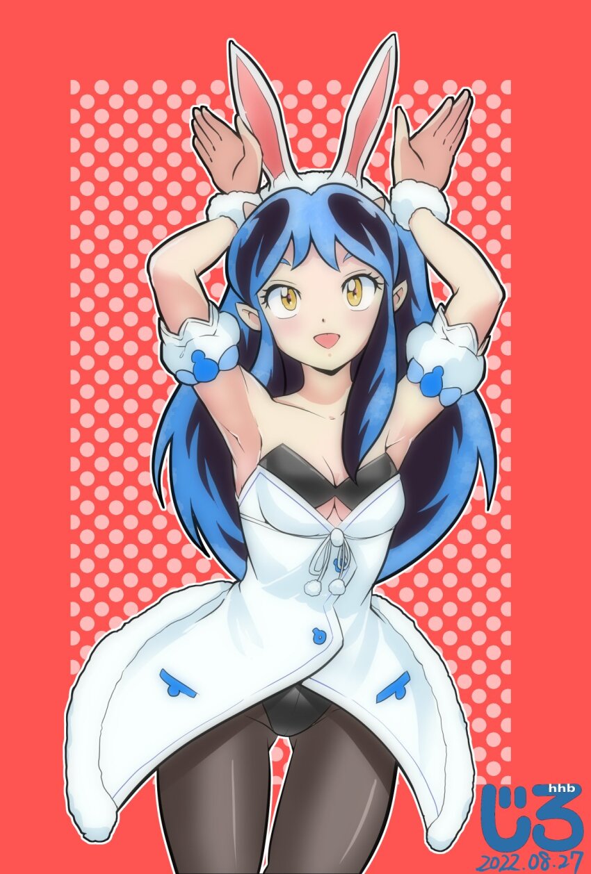 1girl, alternate_costume, animal_ear_hairband, animal_ears, armlet, arms_up, artist_logo, bare_shoulders