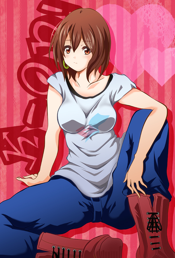 bad_id, bad_pixiv_id, boots, brown_eyes, brown_hair, casual, denim, hirasawa_yui, jeans, k-on!, kose, listen!!, pants, short_hair, solo