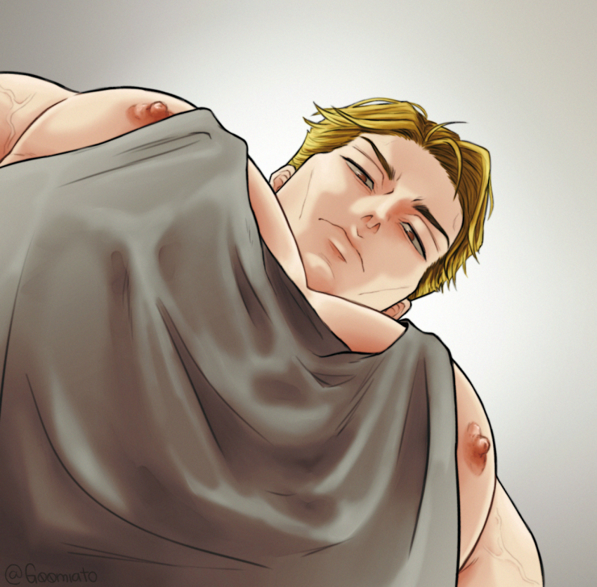 1boy, bara, blonde_hair, closed_mouth, g00miato, grey_background, grey_tank_top, highres