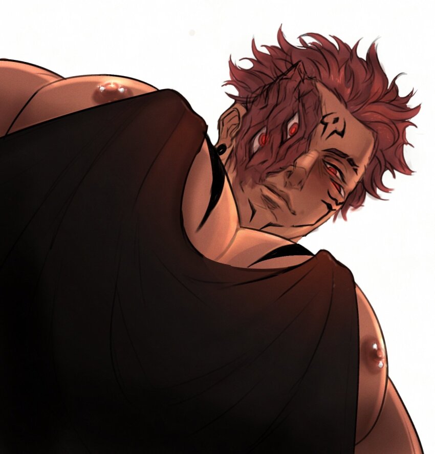 1boy, bara, black_tank_top, closed_mouth, extra_eyes, facial_mark, highres, jujutsu_kaisen