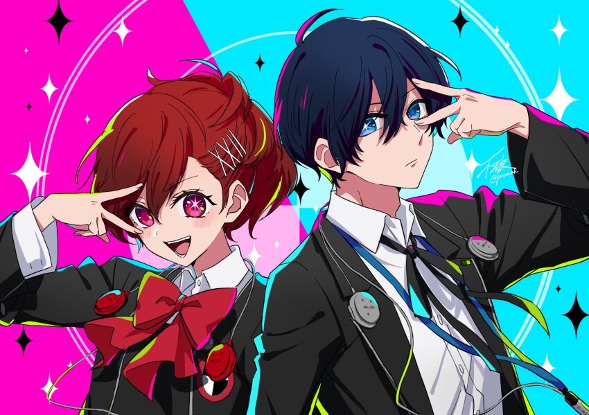 1boy, 1girl, black_hair, black_jacket, black_ribbon, blue_eyes, blush, bow