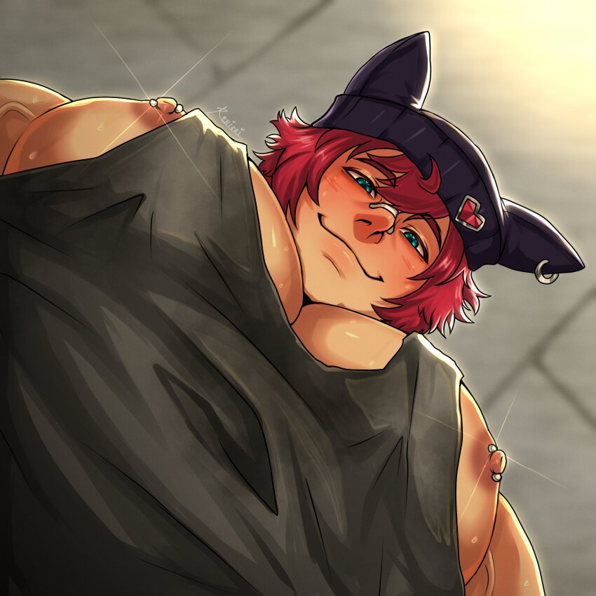 1boy, absurdres, bara, beanie, foreshortening, glint, hat, highres