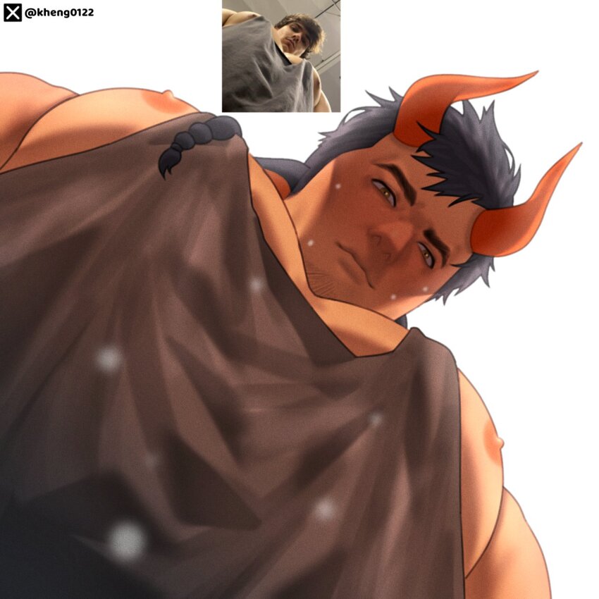 1boy, all_saints_street, animal_ears, bara, black_hair, dark-skinned_male, dark_skin, demon_boy, demon_horns, facial_hair, foreshortening, goatee_stubble, highres, horns, kheng0122, large_pectorals, light_smile, looking_at_viewer, looking_down, male_focus, meme, muscular, muscular_male, nick_holt, nipple_slip, nipples, pectoral_cleavage, pectoral_focus, pectorals, photo-referenced, photo_inset, reference_inset, short_hair, sidepec, solo, stubble, tank_top, thick_eyebrows, upper_body, pec_pov_(meme)