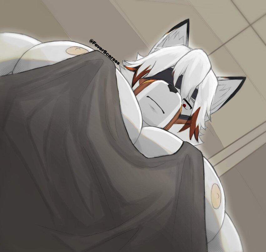 1boy, animal_ears, bara, black_tank_top, expressionless, eyepatch, feverscarss, foreshortening