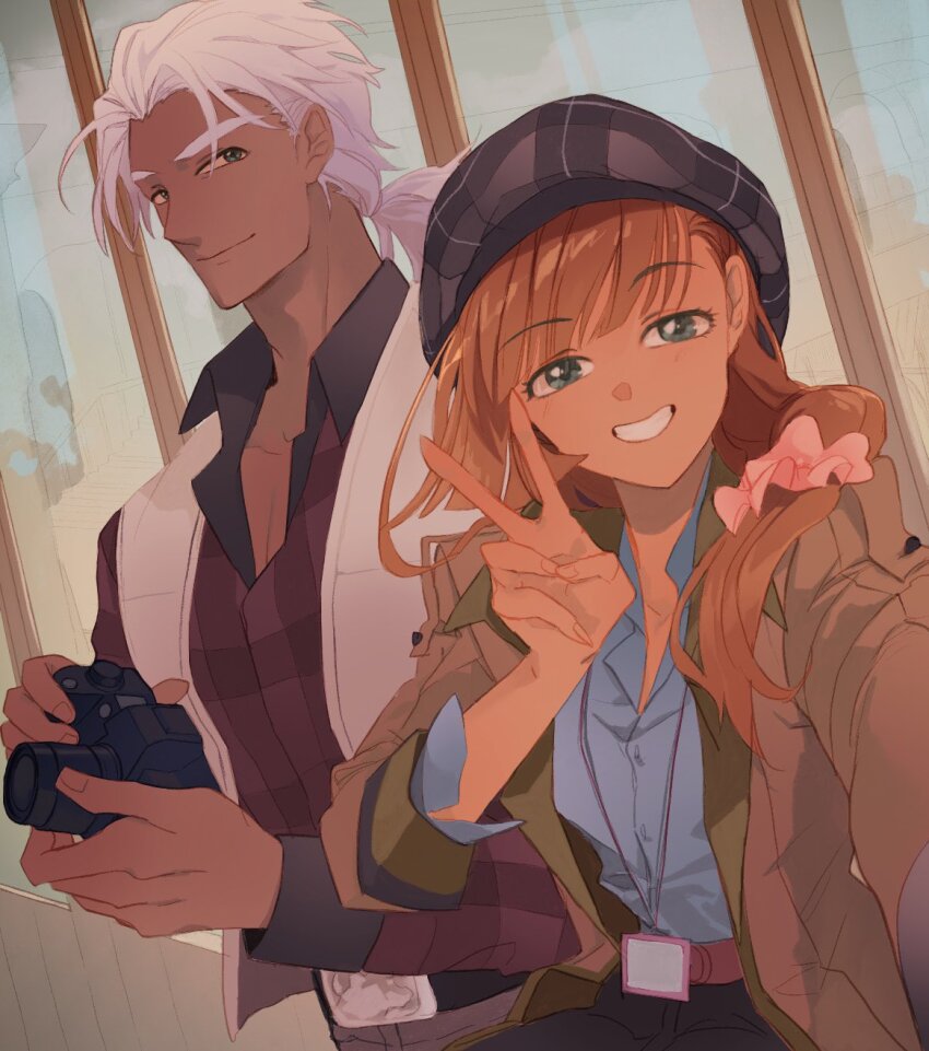 1boy, 1girl, blonde_hair, blunt_bangs, camera, coat, dingo_brad, eiyuu_densetsu