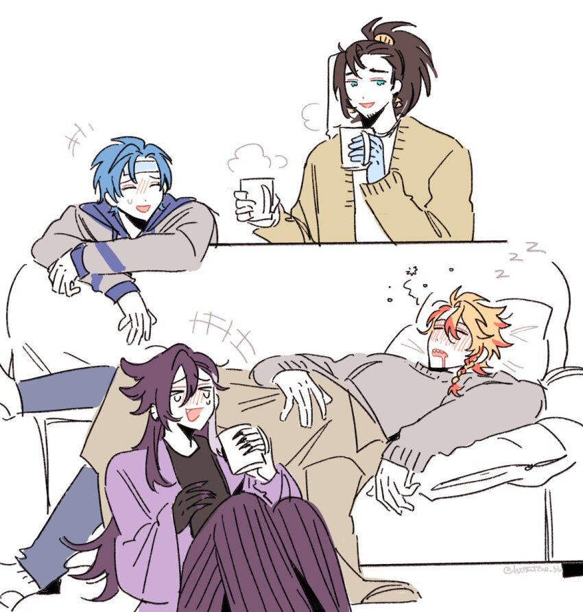 >_<, 4boys, axel_syrios, banzoin_hakka, beard_stubble, black_hair, black_nails, blonde_hair