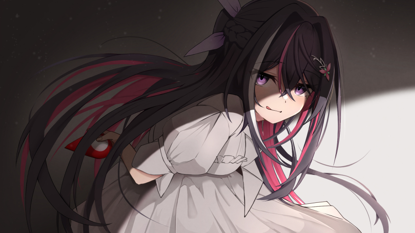 1girl, azki_(4th_costume)_(hololive), azki_(hololive), braid, brown_hair, closed_mouth, colored_inner_hair, commentary_request, cowboy_shot, double-parted_bangs, dress, flower, geoguessr, grey_background, hair_between_eyes, hair_flower, hair_intakes, hair_ornament, hairclip, half_up_half_down_braid, half_updo, highres, hololive, long_dress, long_hair, looking_at_viewer, map_pin, micon, mole, mole_under_eye, multicolored_hair, official_alternate_costume, official_alternate_hairstyle, pink_hair, ponytail, puffy_short_sleeves, puffy_sleeves, purple_eyes, short_ponytail, short_sleeves, sidelocks, simple_background, smile, solo, standing, streaked_hair, tongue, tongue_out, very_long_hair, virtual_youtuber, white_dress, white_hair, yandere