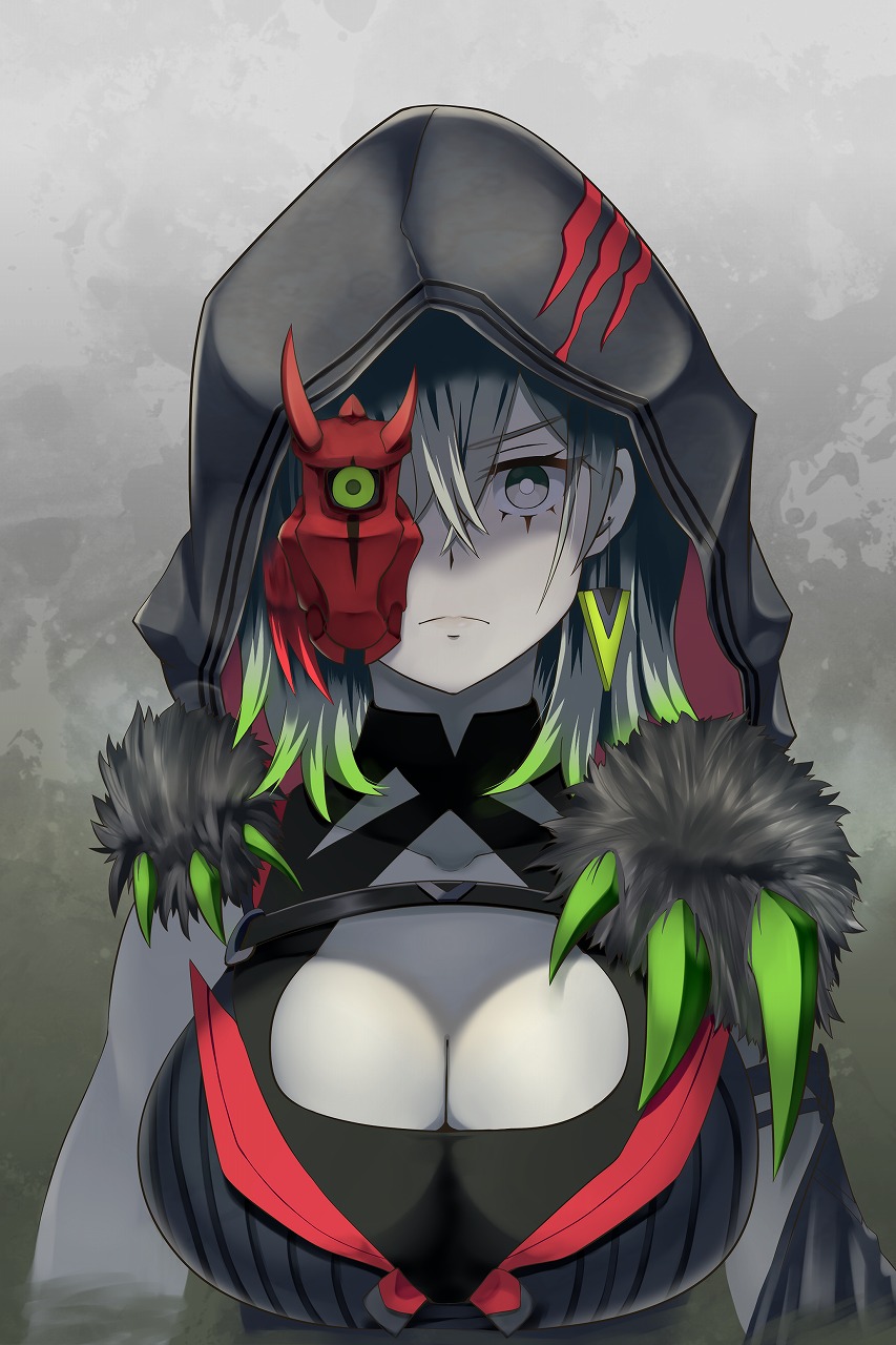 1girl, breasts, cleavage, colored_tips, detached_sleeves, diabellstar_the_black_witch, duel_monster, gloves