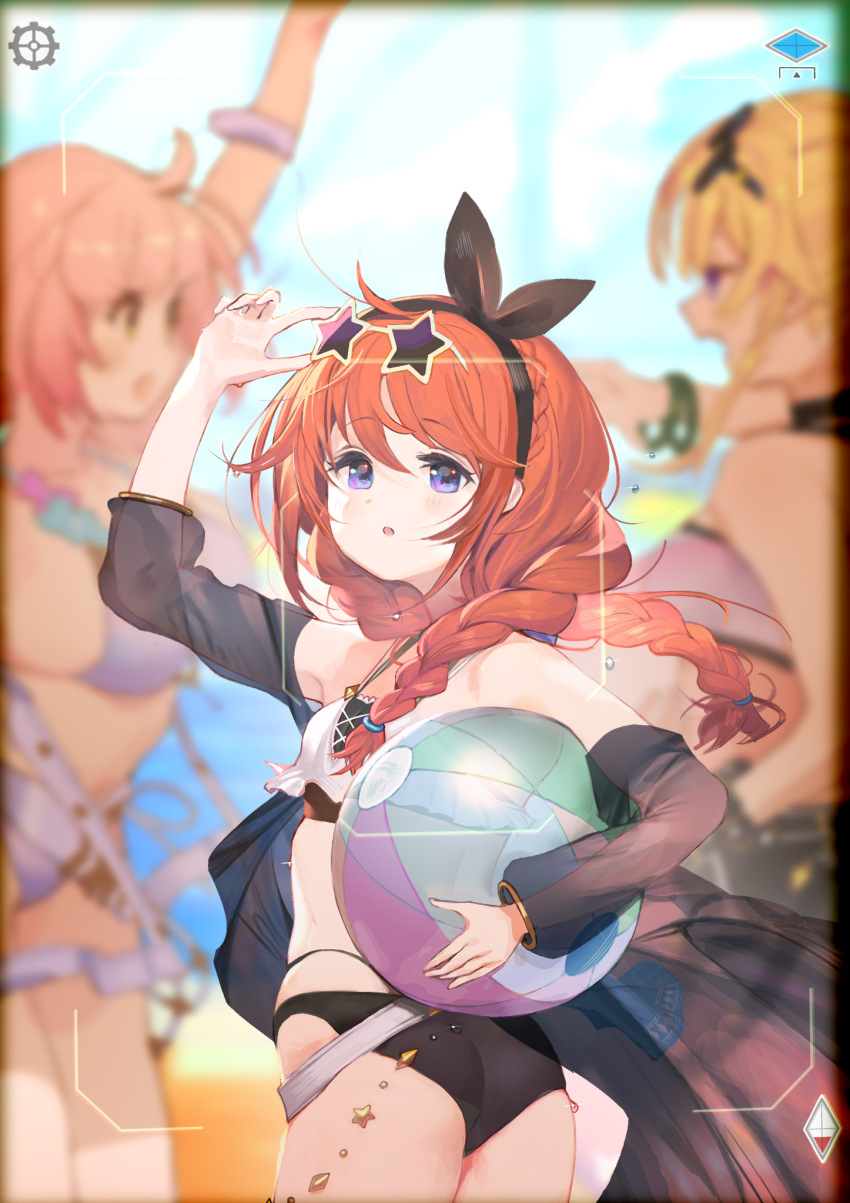 3girls, :o, ball, beach, beachball, bikini, bikini_under_clothes, black_bikini