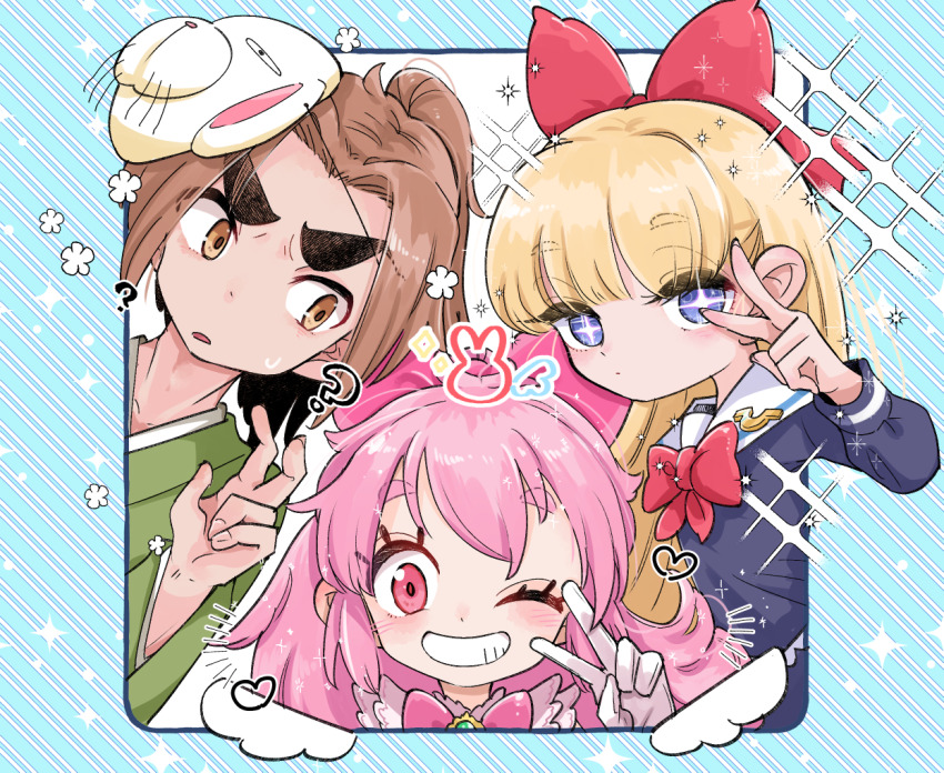 +_+, 1girl, 2boys, ?, arigasaki_chitose, blue_border, blue_eyes, bokura_wa_mahou_shounen