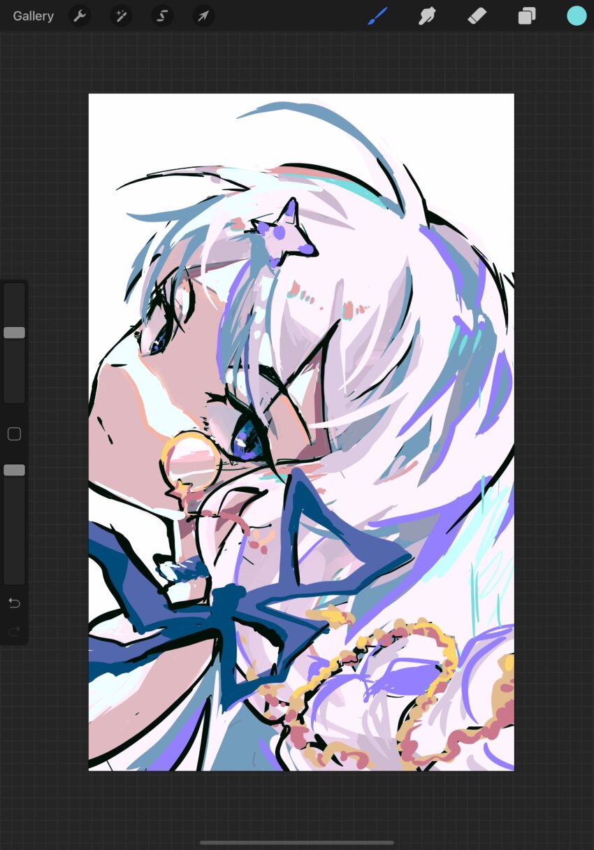 1girl, arcaea, art_program_in_frame, backlighting, blue_eyes, bow, character_request, expressionless