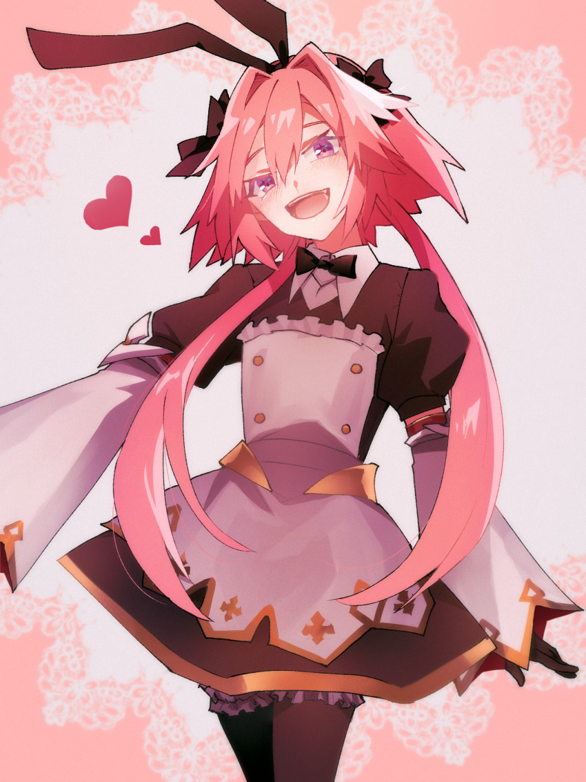 1boy, animal_ears, astolfo_(fate), astolfo_(saber)_(fate), astolfo_(saber)_(third_ascension)_(fate), black_bow, black_bowtie, black_gloves, black_thighhighs, bow, bowtie, cowboy_shot, detached_sleeves, dress, fake_animal_ears, fang, fate/grand_order, fate_(series), gloves, gold_trim, hair_between_eyes, hair_bow, hair_intakes, heart, highres, kagami_(yui1995), light_blush, long_hair, low_twintails, male_focus, multicolored_hair, open_mouth, pink_hair, purple_eyes, rabbit_ears, smile, solo, streaked_hair, thighhighs, trap, twintails, two-tone_hair, white_hair, wing_collar