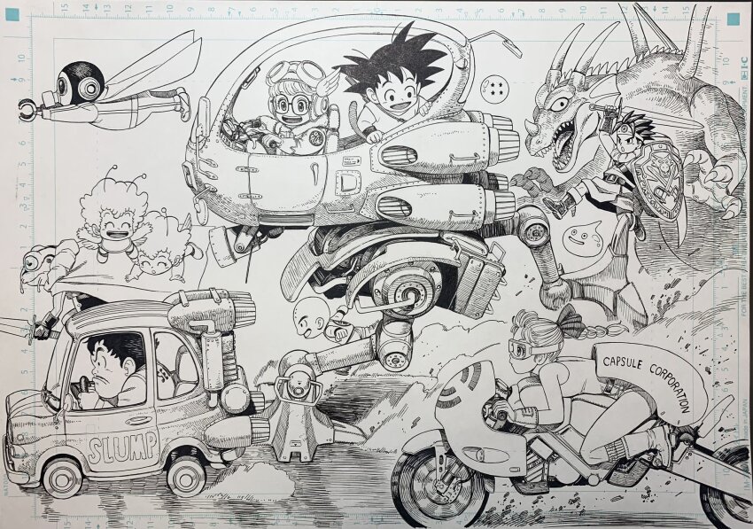4girls, 6+boys, bulma, cape, car, chrono_trigger, creator_connection, dr._slump